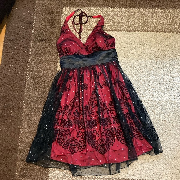 Ruby rox black and red mesh floral dot halter dress. - Picture 1 of 8